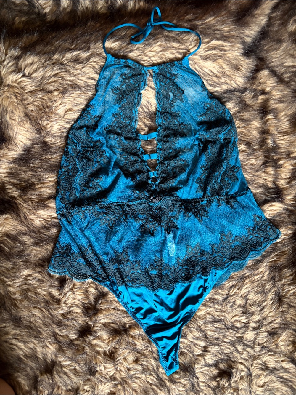 Cacique Teal Lace Halter Chemise Bodysuit With Black Trim Plus Size 26/28